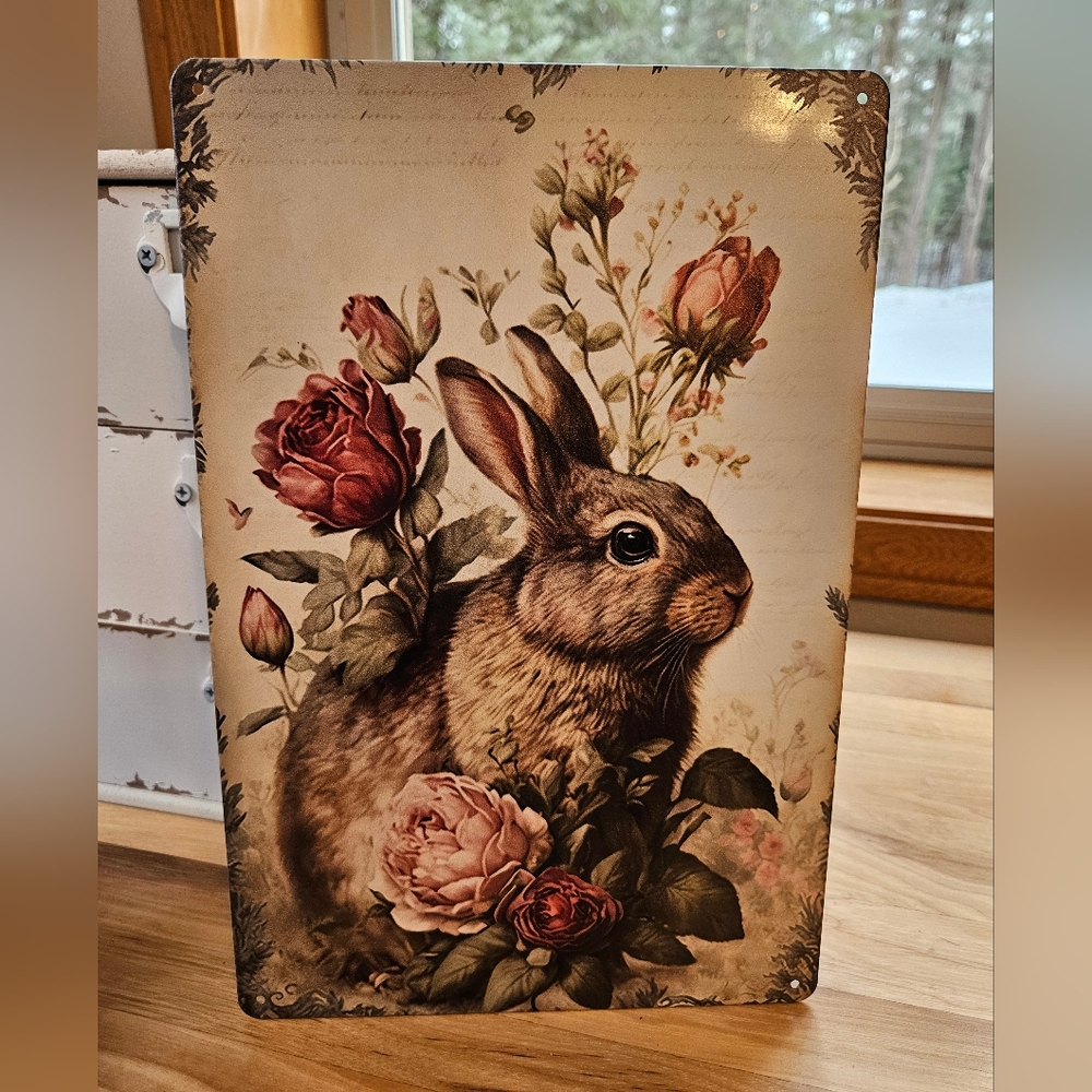 Vintage Rabbit Floral Metal Sign